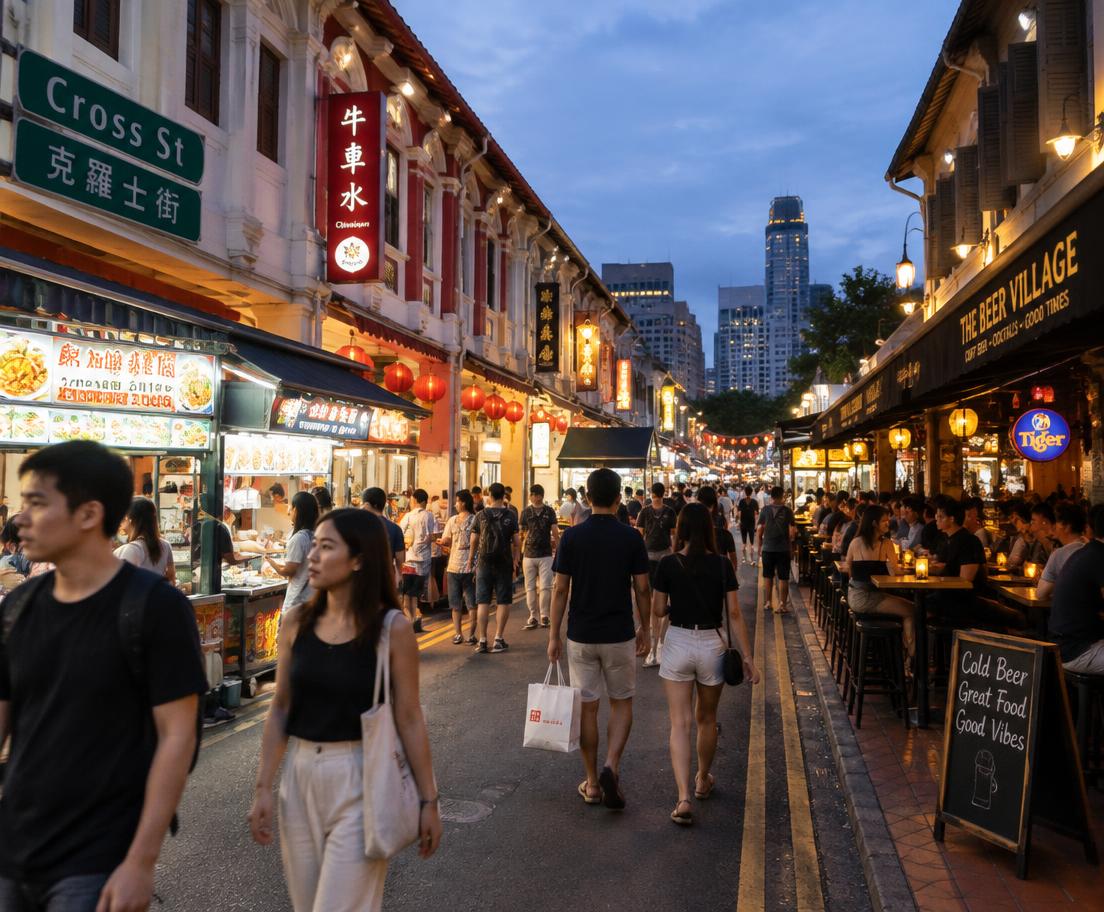 people walking past hawker stalls and shophouses on cross street, singapore chinatown, at dusk