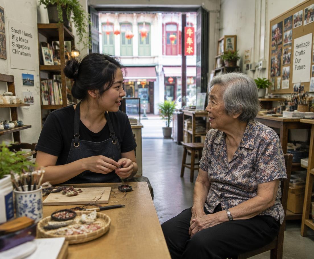 a younger maker and an older neighbour talking across a worktable in a chinatown shophouse studio